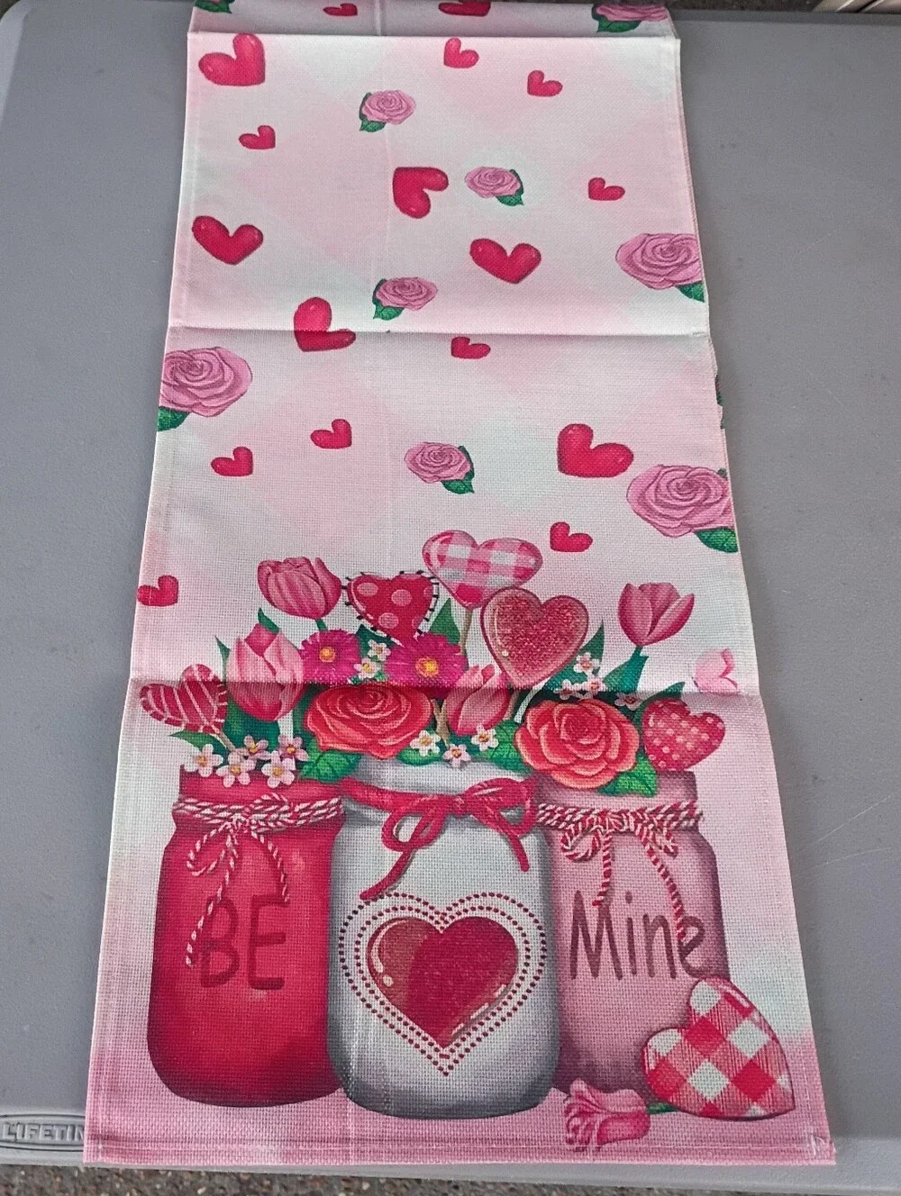 Pink Rose Heart Print Table Runner